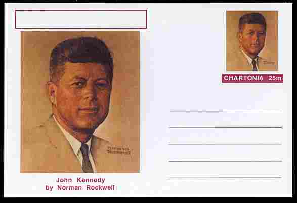 Chartonia (Fantasy) Famous Paintings - John Kennedy by Norman Rockwell postal stationery card unused and fine, stamps on , stamps on  stamps on arts, stamps on  stamps on rockwell, stamps on  stamps on personalities, stamps on  stamps on kennedy, stamps on  stamps on usa presidents, stamps on  stamps on americana