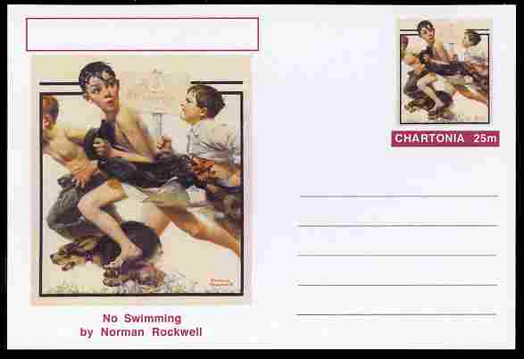 Chartonia (Fantasy) Famous Paintings - No Swimming by Norman Rockwell postal stationery card unused and fine, stamps on , stamps on  stamps on arts, stamps on  stamps on rockwell, stamps on  stamps on swimming