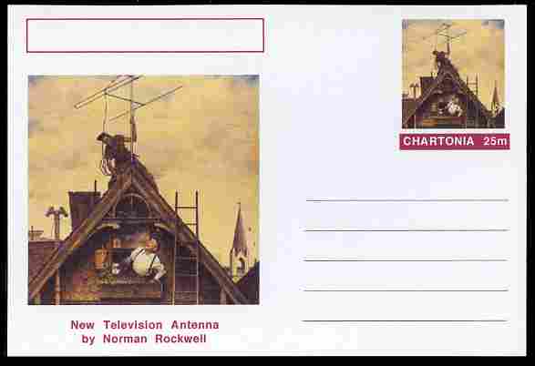 Chartonia (Fantasy) Famous Paintings - New Television Antenna by Norman Rockwell postal stationery card unused and fine, stamps on , stamps on  stamps on arts, stamps on  stamps on rockwell, stamps on  stamps on  tv , stamps on  stamps on 