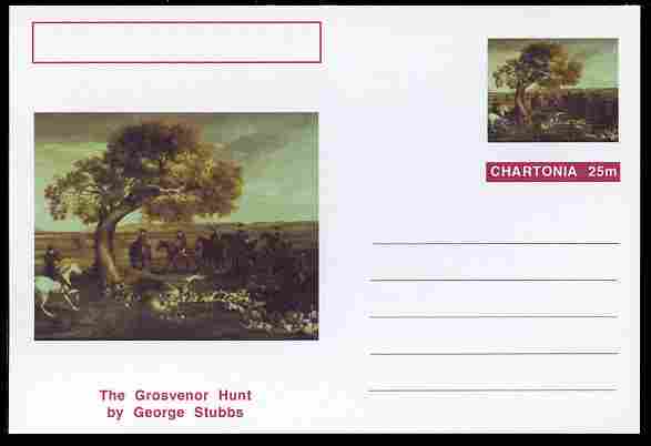 Chartonia (Fantasy) Famous Paintings - The Grosvenor Hunt by George Stubbs postal stationery card unused and fine, stamps on , stamps on  stamps on arts, stamps on  stamps on stubbs, stamps on  stamps on horses, stamps on  stamps on dogs, stamps on  stamps on hunting