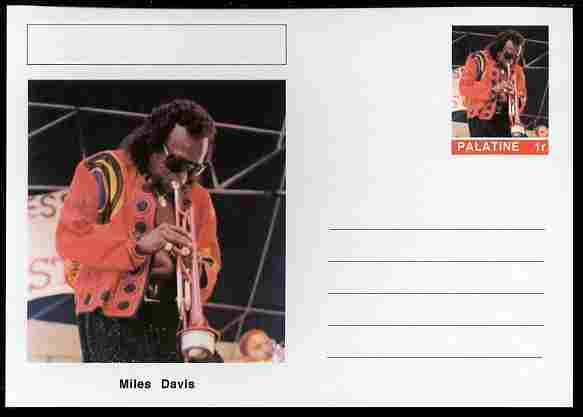 Palatine (Fantasy) Personalities - Miles Davis postal stationery card unused and fine, stamps on , stamps on  stamps on personalities, stamps on  stamps on music, stamps on  stamps on jazz