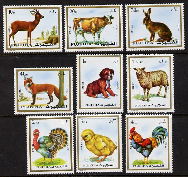 Fujeira 1972 Animals set of 10 unmounted mint, Mi 1295-1304A, stamps on animals     chicken     cow     deer     rabbit    fox      horse    dogs    sheep    turkey      , stamps on  fox , stamps on foxes, stamps on  cockrel, stamps on horses