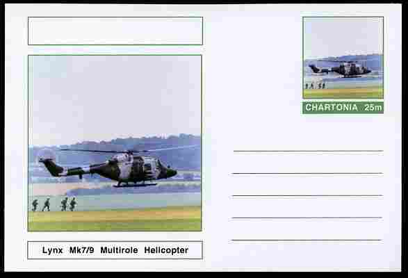 Chartonia (Fantasy) Aircraft - Lynx Mk7/9 Multirole Helicopter postal stationery card unused and fine, stamps on , stamps on  stamps on transport, stamps on  stamps on aviation, stamps on  stamps on helicopters