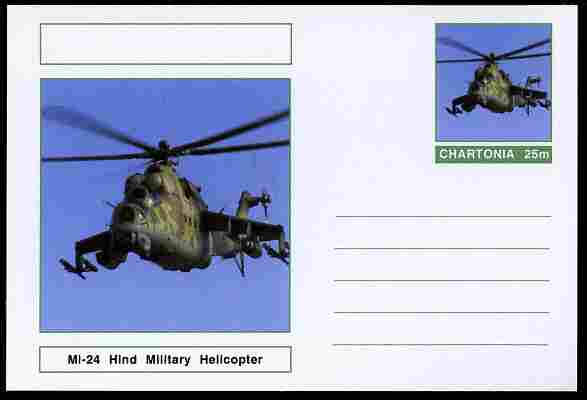 Chartonia (Fantasy) Aircraft - Mi-24 Hind Military Helicopter postal stationery card unused and fine, stamps on , stamps on  stamps on transport, stamps on  stamps on aviation, stamps on  stamps on helicopters