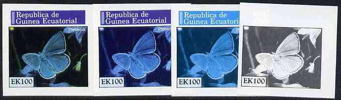 Equatorial Guinea 1976 Butterflies EK100 (Plebejus) set of 4 imperf progressive proofs on ungummed paper comprising 1, 2, 3 and all 4 colours (as Mi 971) , stamps on butterflies