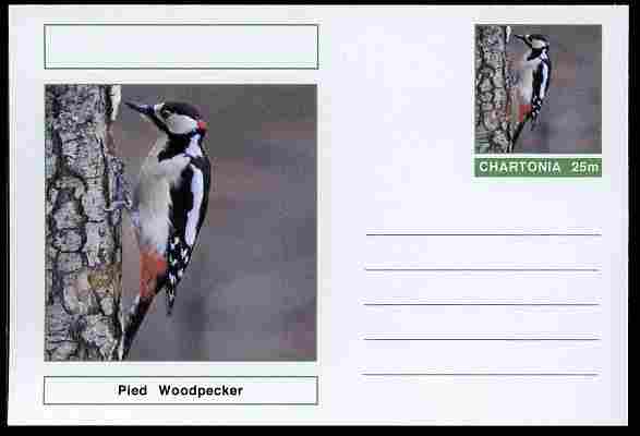 Chartonia (Fantasy) Birds - Pied Woodpecker postal stationery card unused and fine, stamps on , stamps on  stamps on birds, stamps on  stamps on 