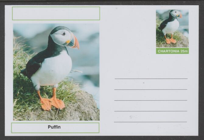 Chartonia (Fantasy) Birds - Puffin (Fratercula arctica) postal stationery card unused and fine, stamps on birds, stamps on 