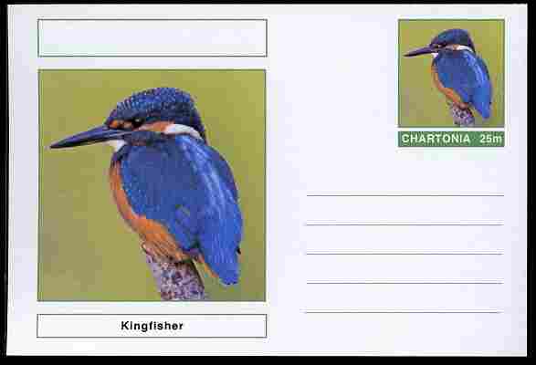 Chartonia (Fantasy) Birds - Kingfisher (Alcedo atthis) postal stationery card unused and fine, stamps on birds, stamps on 