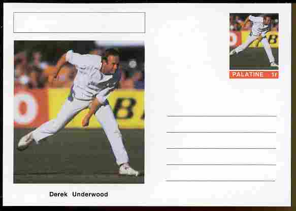 Palatine (Fantasy) Personalities - Derek Underwood (cricket) postal stationery card unused and fine, stamps on personalities, stamps on sport, stamps on cricket