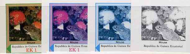 Equatorial Guinea 1977 European Animals EK1 (Mouse amongst Wild Mushrooms) set of 4 imperf progressive proofs on ungummed paper comprising 1, 2, 3 and all 4 colours (as Mi 1137) , stamps on animals    fungi