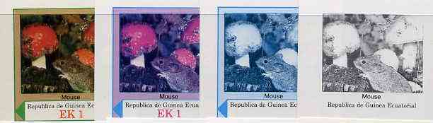 Equatorial Guinea 1977 European Animals EK1 (Mouse amongst Wild Mushrooms) set of 4 imperf progressive proofs on ungummed paper comprising 1, 2, 3 and all 4 colours (as Mi 1137) , stamps on , stamps on  stamps on animals    fungi