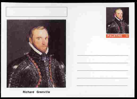 Palatine (Fantasy) Personalities - Richard Grenville (explorer) postal stationery card unused and fine, stamps on , stamps on  stamps on personalities, stamps on  stamps on explorers, stamps on  stamps on ships