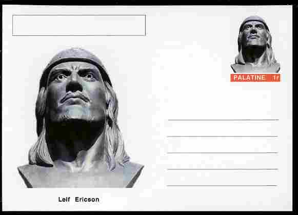 Palatine (Fantasy) Personalities - Leif Ericson (explorer) postal stationery card unused and fine, stamps on , stamps on  stamps on personalities, stamps on  stamps on explorers, stamps on  stamps on ships, stamps on  stamps on vikings