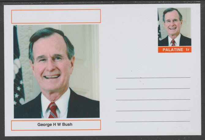 Palatine (Fantasy) Personalities - George H W Bush (41st USA President) postal stationery card unused and fine, stamps on , stamps on  stamps on personalities, stamps on  stamps on constitutions, stamps on  stamps on usa presidents, stamps on  stamps on americana, stamps on  stamps on bush