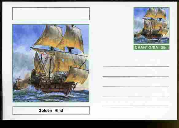 Chartonia (Fantasy) Ships - Golden Hind postal stationery card unused and fine, stamps on transport, stamps on ships, stamps on drake, stamps on explorers