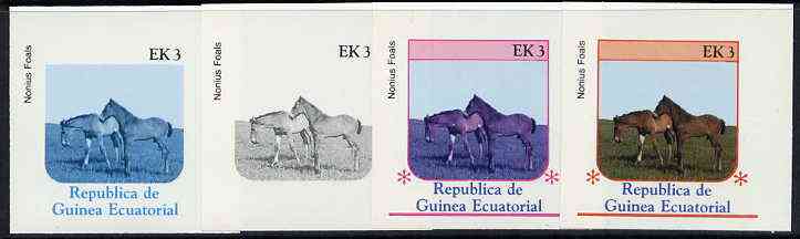 Equatorial Guinea 1976 Horses EK3 (Nonius Foals) set of 4 imperf progressive proofs on ungummed paper comprising 1, 2, 3 and all 4 colours (as Mi 806), stamps on , stamps on  stamps on animals       horses