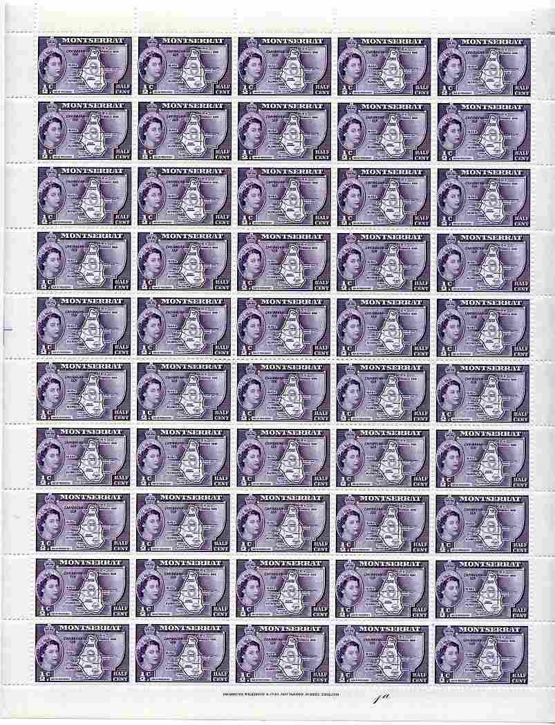 Montserrat 1953-62 QEII Map of Presidency 1/2c violet in complete sheet of 50 unmounted mint SG 136a, stamps on , stamps on  stamps on maps