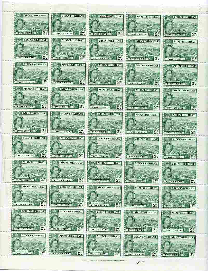 Montserrat 1953-62 QEII Sea Island Cotton 2c green in complete sheet of 50 unmounted mint SG 138, stamps on , stamps on  stamps on cotton, stamps on  stamps on textiles