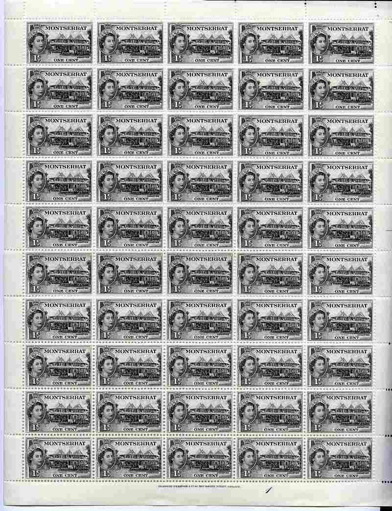 Montserrat 1953-62 QEII Government House 1c black in complete sheet of 50 unmounted mint SG 137, stamps on buildings.constitutions