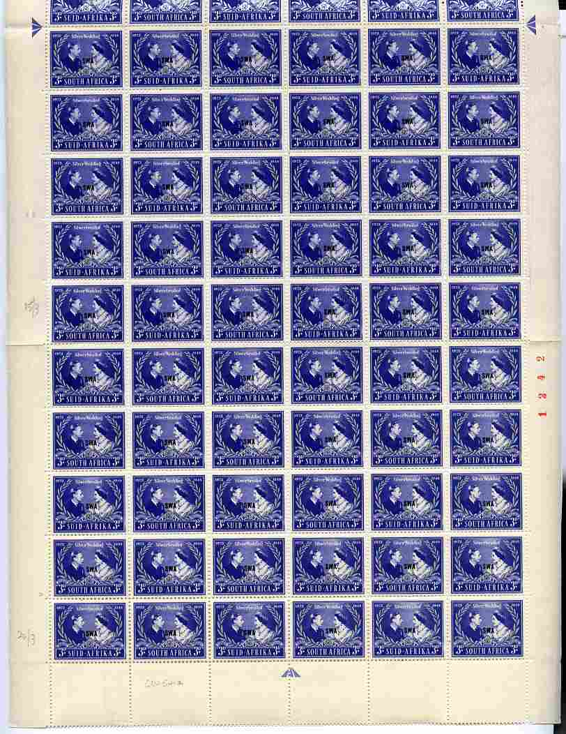South West Africa 1949 KG6 Royal Silver Wedding 3d complete folded sheet of 120 (60 se-tenant pairs) unmounted mint SG 137 note the sheet includes varieties R15/3 bridge between portraits, R20/2 dot on forehead and R20/3 flaw over King's Head, stamps on , stamps on  stamps on royalty, stamps on  stamps on silver wedding, stamps on  stamps on  kg6 , stamps on  stamps on 