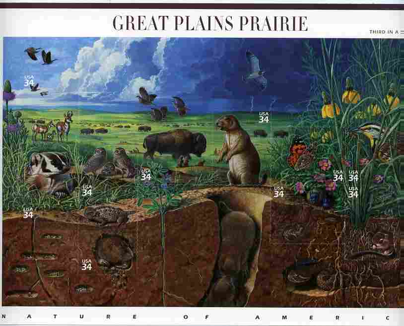 United States 2001 Nature of America #3 - The Great Plains Prairie imperf sheetlet containing set of 10 self-adhesives unmounted mint SG 3975, stamps on , stamps on  stamps on animals, stamps on  stamps on self adhesive, stamps on  stamps on bison, stamps on  stamps on buffalo, stamps on  stamps on bovine, stamps on  stamps on butterflies, stamps on  stamps on birds, stamps on  stamps on insects.lizards