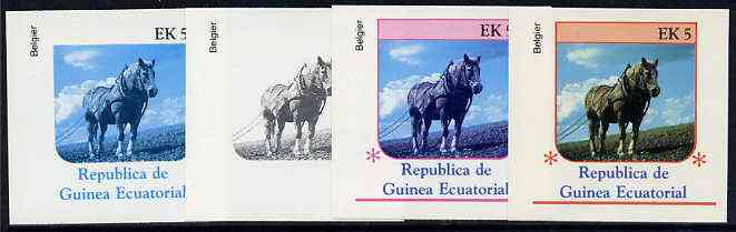 Equatorial Guinea 1976 Horses EK5 (Belgier) set of 4 imperf progressive proofs on ungummed paper comprising 1, 2, 3 and all 4 colours (as Mi 807), stamps on , stamps on  stamps on animals       horses