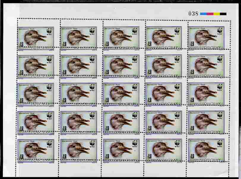 Uruguay 1993 WWF The Great Rhea 50c complete sheet of 25 with perforations misplaced obliquely, affect all stamps but is particularly significant on the top row which has..., stamps on birds, stamps on  wwf , stamps on 