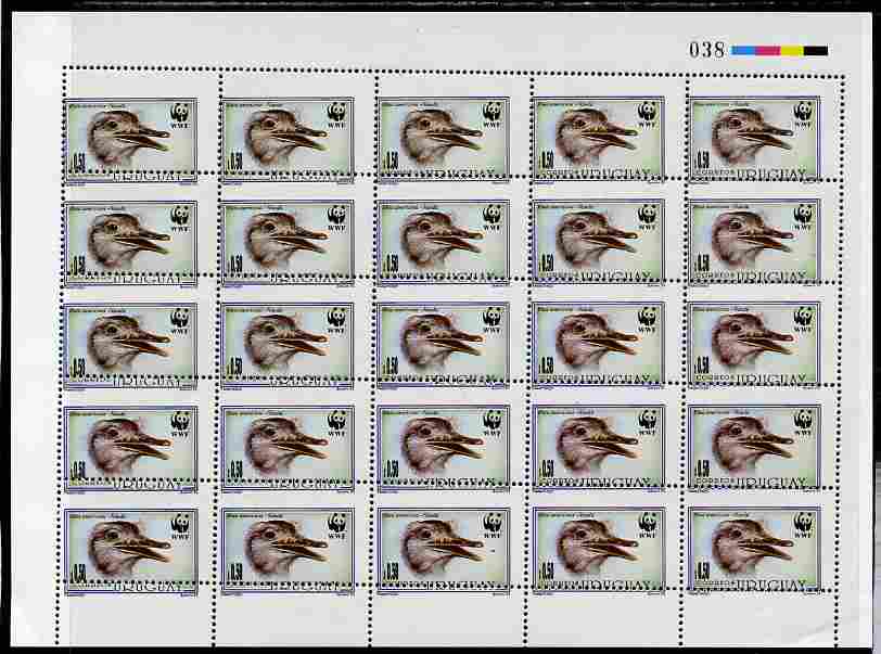 Uruguay 1993 WWF The Great Rhea 50c complete sheet of 25 with perforations misplaced obliquely, affect all stamps but is particularly significant on the top row which has no country name or printer's imprint,with spectacular error unmounted mint, stamps on , stamps on stamps on birds, stamps on stamps on wwf , stamps on stamps on