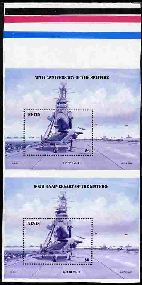 Nevis 1986 Spitfire (Seafire) on Aircraft Carrier $6 m/sheet with yellow omitted vertical pair from uncut press sheet with colour check bars at top (also showing yellow missing) unmounted mint (SG MS 376) only 20 such pairs can exist., stamps on , stamps on  stamps on aviation, stamps on  stamps on  ww2 , stamps on  stamps on  raf , stamps on  stamps on ships, stamps on  stamps on flat tops, stamps on  stamps on  raf , stamps on  stamps on 