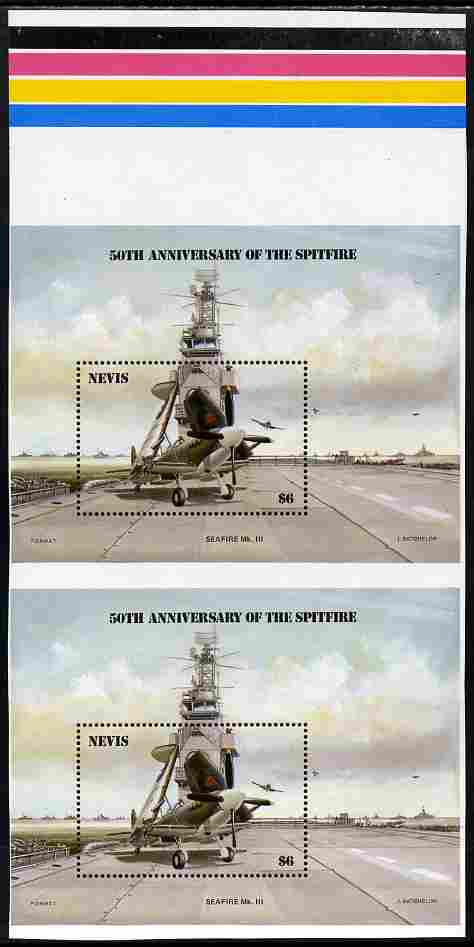 Nevis 1986 Spitfire (Seafire) on Aircraft Carrier $6 m/sheet vertical pair from uncut press sheet with colour check bars at top unmounted mint (SG MS 376) only 10 such pairs can exist. , stamps on , stamps on  stamps on aviation, stamps on  stamps on  ww2 , stamps on  stamps on  raf , stamps on  stamps on ships, stamps on  stamps on flat tops, stamps on  stamps on  raf , stamps on  stamps on 