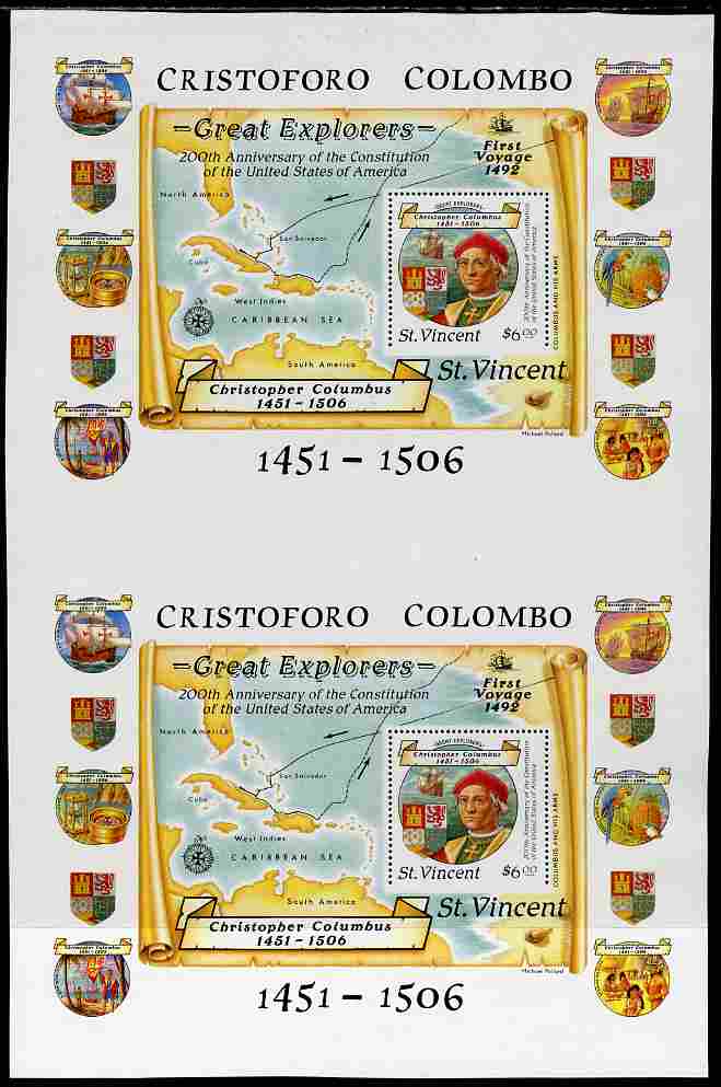St Vincent 1988 Columbus m/sheet (Unissued $6) vertical pair from uncut press sheet being perforated on three sides only (imperf at bottom) unmounted mint and scarce (onl..., stamps on columbus, stamps on explorers, stamps on personalities, stamps on parrots, stamps on ships, stamps on maps