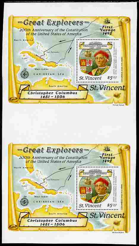 St Vincent 1988 Columbus $5 m/sheet vertical pair from uncut press sheet being perforated on three sides only (imperf at right) unmounted mint and scarce (only 26 pairs exist). , stamps on , stamps on  stamps on columbus, stamps on  stamps on explorers, stamps on  stamps on personalities, stamps on  stamps on parrots, stamps on  stamps on ships, stamps on  stamps on maps
