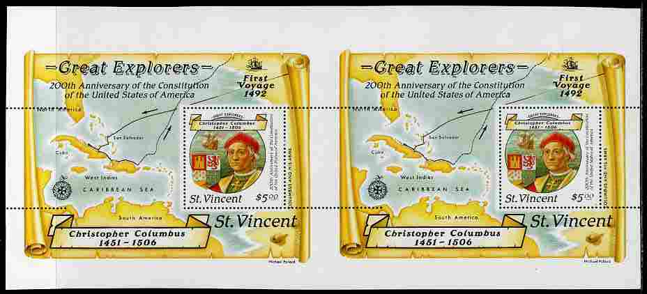 St Vincent 1988 Columbus $5 m/sheet horiz pair from uncut press sheet horizontal perfs extended at right unmounted mint and scarce (only 8 pairs exist). , stamps on , stamps on  stamps on columbus, stamps on  stamps on explorers, stamps on  stamps on personalities, stamps on  stamps on parrots, stamps on  stamps on ships, stamps on  stamps on maps