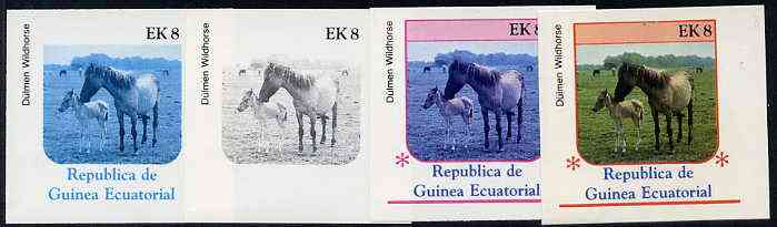 Equatorial Guinea 1976 Horses EK8 (D\9Flmen Wild Horse) set of 4 imperf progressive proofs on ungummed paper comprising 1, 2, 3 and all 4 colours (as Mi 808), stamps on animals       horses