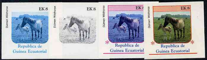 Equatorial Guinea 1976 Horses EK8 (D9Flmen Wild Horse) set of 4 imperf progressive proofs on ungummed paper comprising 1, 2, 3 and all 4 colours (as Mi 808), stamps on , stamps on  stamps on animals       horses