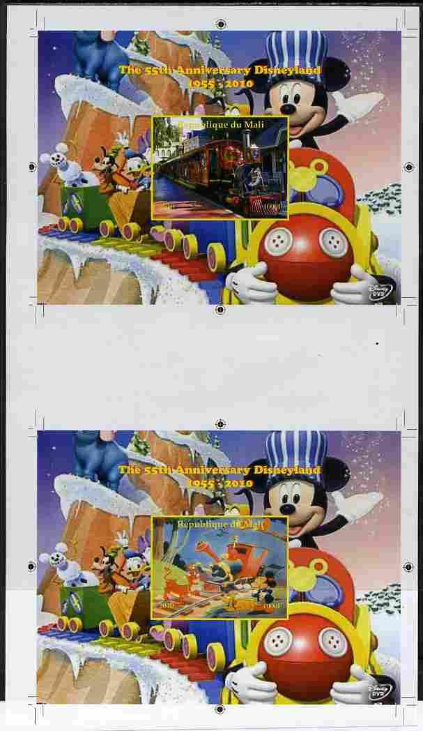 Mali 2010 The 55th Anniversary of Disneyland - Mickey Mouse Railway s/sheets #01 & #08 se-tenant from uncut imperf proof sheet (3 exist) unmounted mint, stamps on disney, stamps on films, stamps on cinema, stamps on movies, stamps on cartoons, stamps on railways