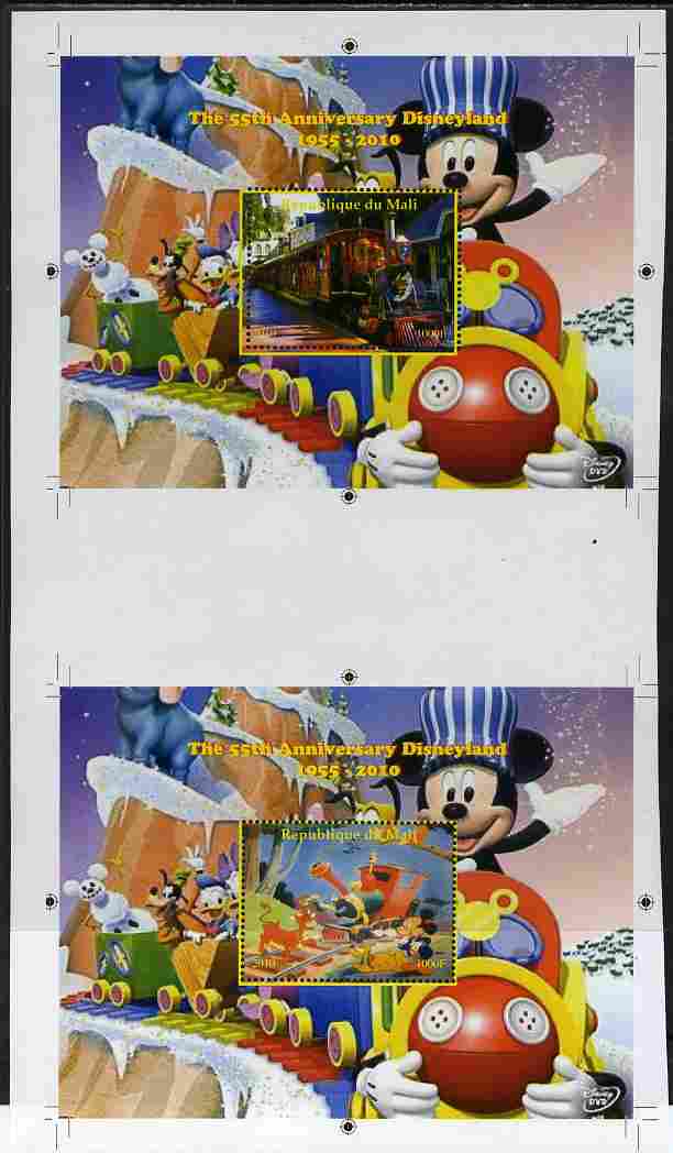 Mali 2010 The 55th Anniversary of Disneyland - Mickey Mouse Railway s/sheets #01 & #08 se-tenant from uncut perf proof sheet (2 exist) unmounted mint, stamps on , stamps on  stamps on disney, stamps on  stamps on films, stamps on  stamps on cinema, stamps on  stamps on movies, stamps on  stamps on cartoons, stamps on  stamps on railways