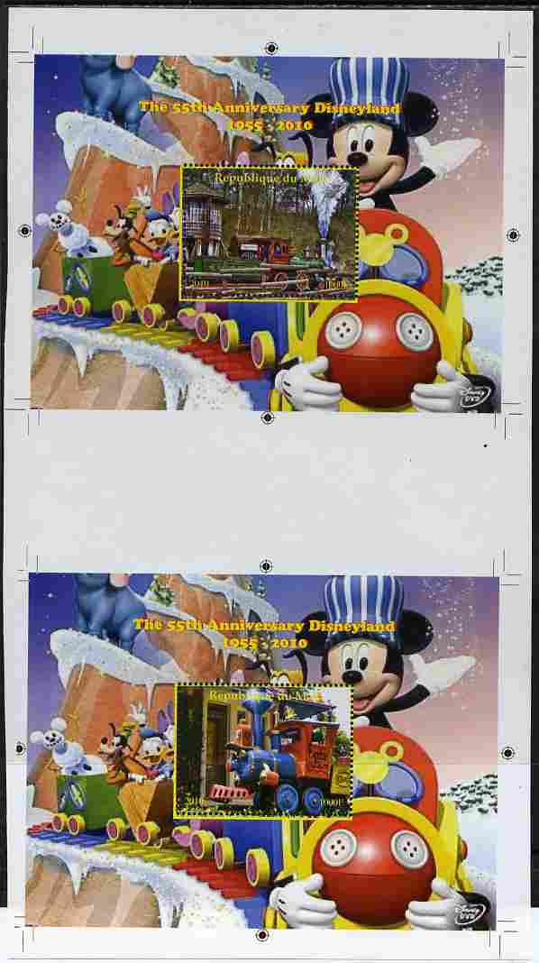 Mali 2010 The 55th Anniversary of Disneyland - Mickey Mouse Railway s/sheets #02 & #07 se-tenant from uncut perf proof sheet (2 exist) unmounted mint, stamps on disney, stamps on films, stamps on cinema, stamps on movies, stamps on cartoons, stamps on railways