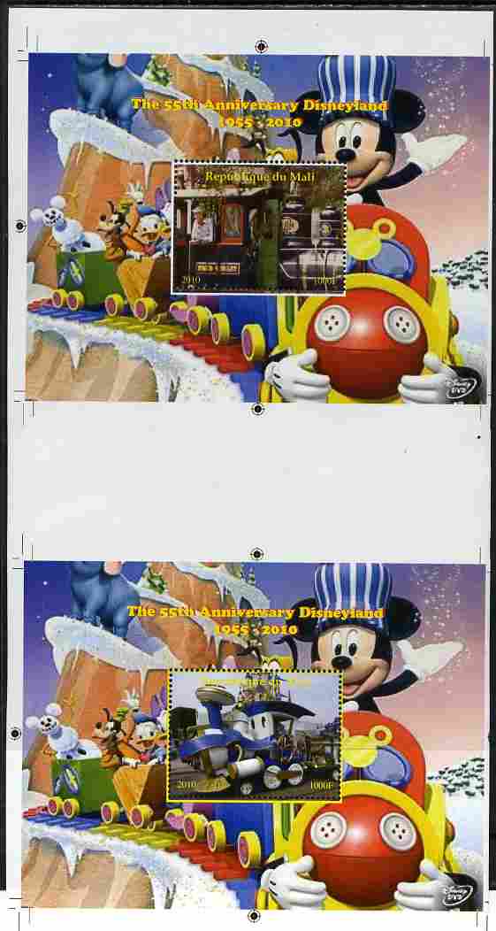 Mali 2010 The 55th Anniversary of Disneyland - Mickey Mouse Railway s/sheets #05 & #06 se-tenant from uncut perf proof sheet (2 exist with perforations slightly misplaced) unmounted mint, stamps on disney, stamps on films, stamps on cinema, stamps on movies, stamps on cartoons, stamps on railways