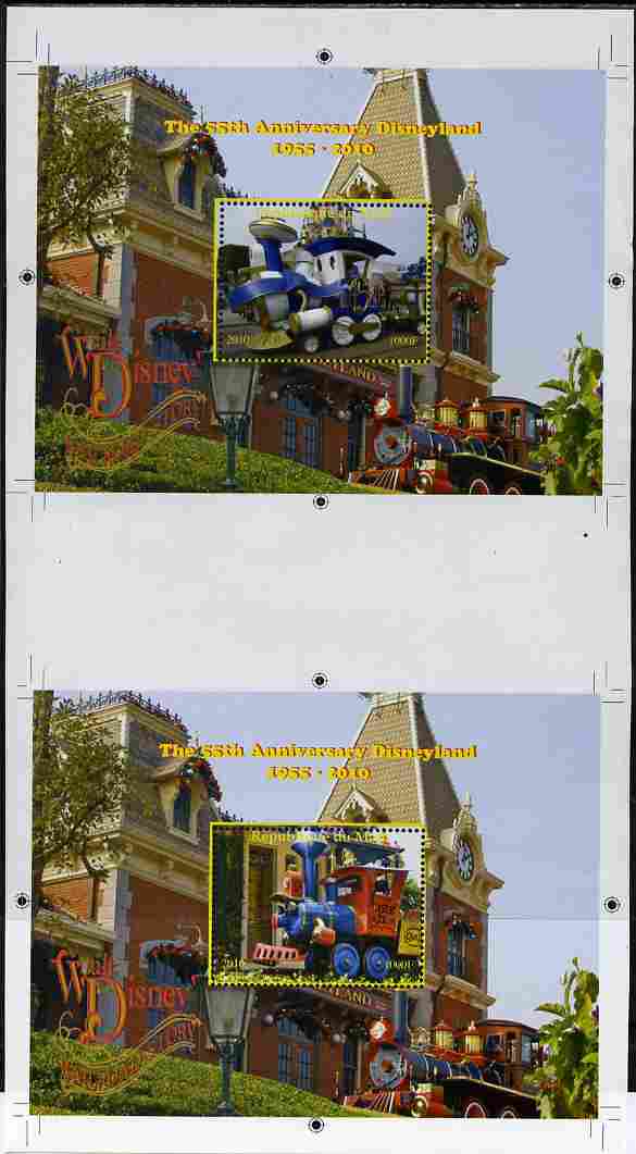 Mali 2010 The 55th Anniversary of Disneyland - Walt Disneys Railroad Story s/sheets #13 & #14 se-tenant from uncut perf proof sheet (3 exist) unmounted mint, stamps on disney, stamps on films, stamps on cinema, stamps on movies, stamps on cartoons, stamps on railways