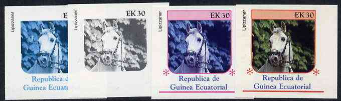 Equatorial Guinea 1976 Horses EK30 (Lipizzaner) set of 4 imperf progressive proofs on ungummed paper comprising 1, 2, 3 and all 4 colours (as Mi 810), stamps on animals       horses