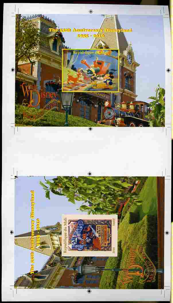 Mali 2010 The 55th Anniversary of Disneyland - Walt Disneys Railroad Story s/sheets #15 & #16 se-tenant from uncut imperf proof sheet (3 exist) unmounted mint, stamps on disney, stamps on films, stamps on cinema, stamps on movies, stamps on cartoons, stamps on railways