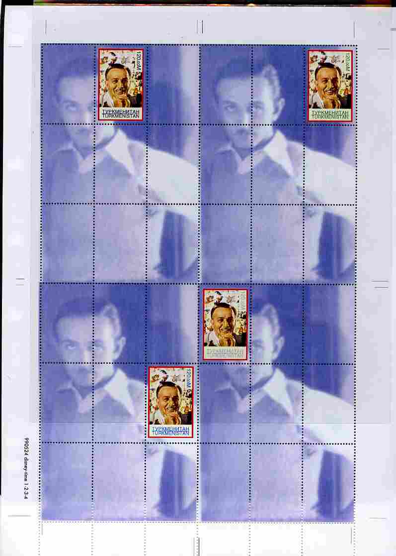 Turkmenistan 1999 Personalities - Walt Disney uncut perforated proof sheet containing 4 souvenir sheets with Disney stamp in positions 1, 2, 3 & 6, unmounted mint and scarce with less than 10 such sheets produced, stamps on personalities, stamps on films, stamps on entertainments, stamps on disney, stamps on movies, stamps on cinema, stamps on 