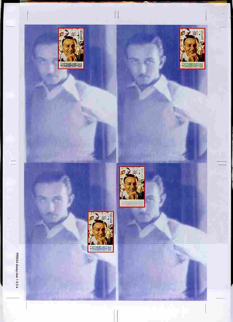 Turkmenistan 1999 Personalities - Walt Disney uncut imperforate proof sheet containing 4 souvenir sheets with Disney stamp in positions 1, 2, 3 & 6, unmounted mint and scarce with less than 10 such sheets produced, stamps on , stamps on  stamps on personalities, stamps on  stamps on films, stamps on  stamps on entertainments, stamps on  stamps on disney, stamps on  stamps on movies, stamps on  stamps on cinema, stamps on  stamps on 