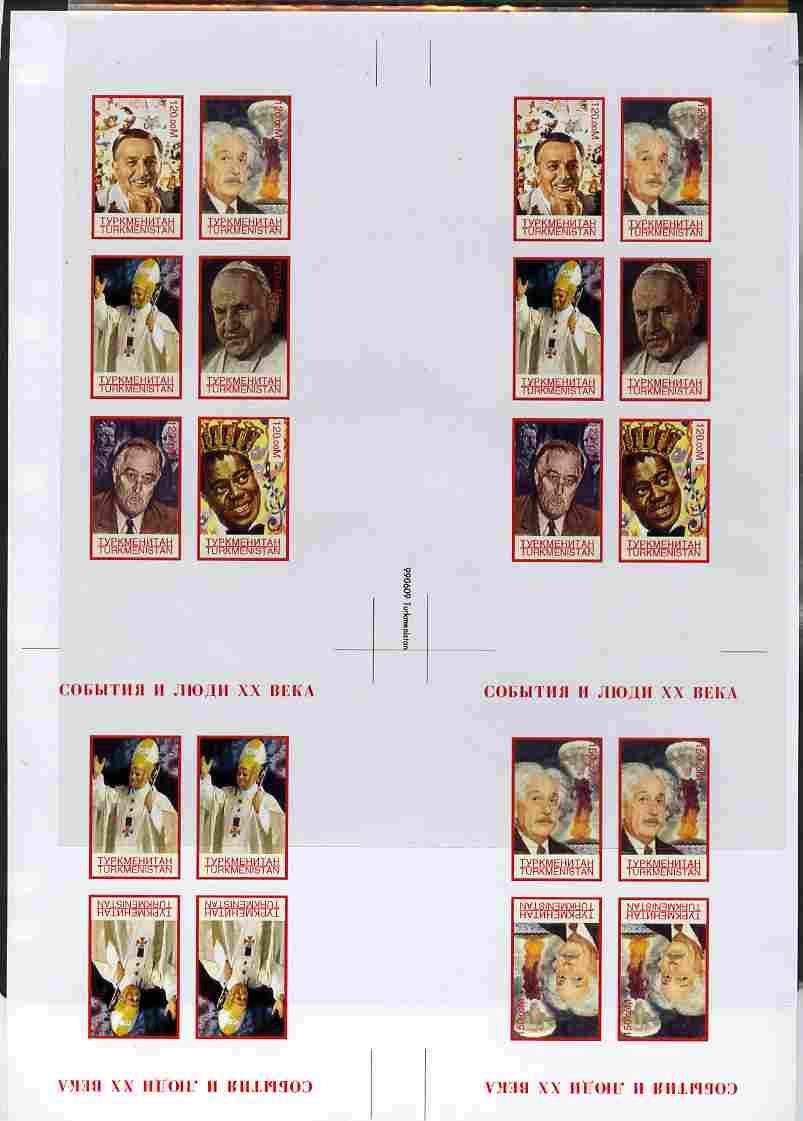 Turkmenistan 2000 Personalities uncut imperforate proof sheet containing two sheetlets of 6 and two sheetlets of 4, unmounted mint and scarce with less than 10 such sheet..., stamps on personalities, stamps on films, stamps on entertainments, stamps on disney, stamps on movies, stamps on cinema, stamps on einstein, stamps on science, stamps on physics, stamps on nobel, stamps on maths, stamps on space, stamps on judaica, stamps on atomics.pope, stamps on popes, stamps on jazz, stamps on usa presidents, stamps on churchill, stamps on  ww2 , stamps on 