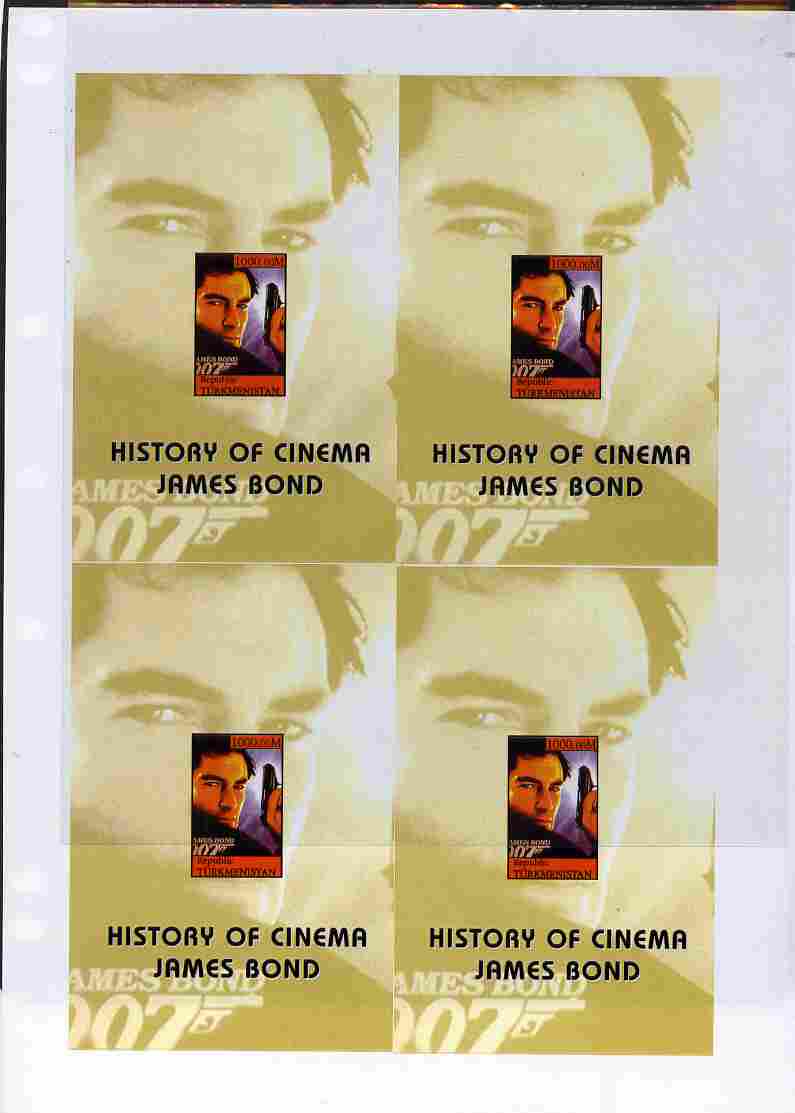Turkmenistan 1999 History of the Cinema uncut imperforate proof sheet containing James Bond s/sheets, unmounted mint and scarce with less than 5 such sheets produced, stamps on , stamps on  stamps on entertainments, stamps on  stamps on films, stamps on  stamps on cinema, stamps on  stamps on movies, stamps on  stamps on  spy , stamps on  stamps on 