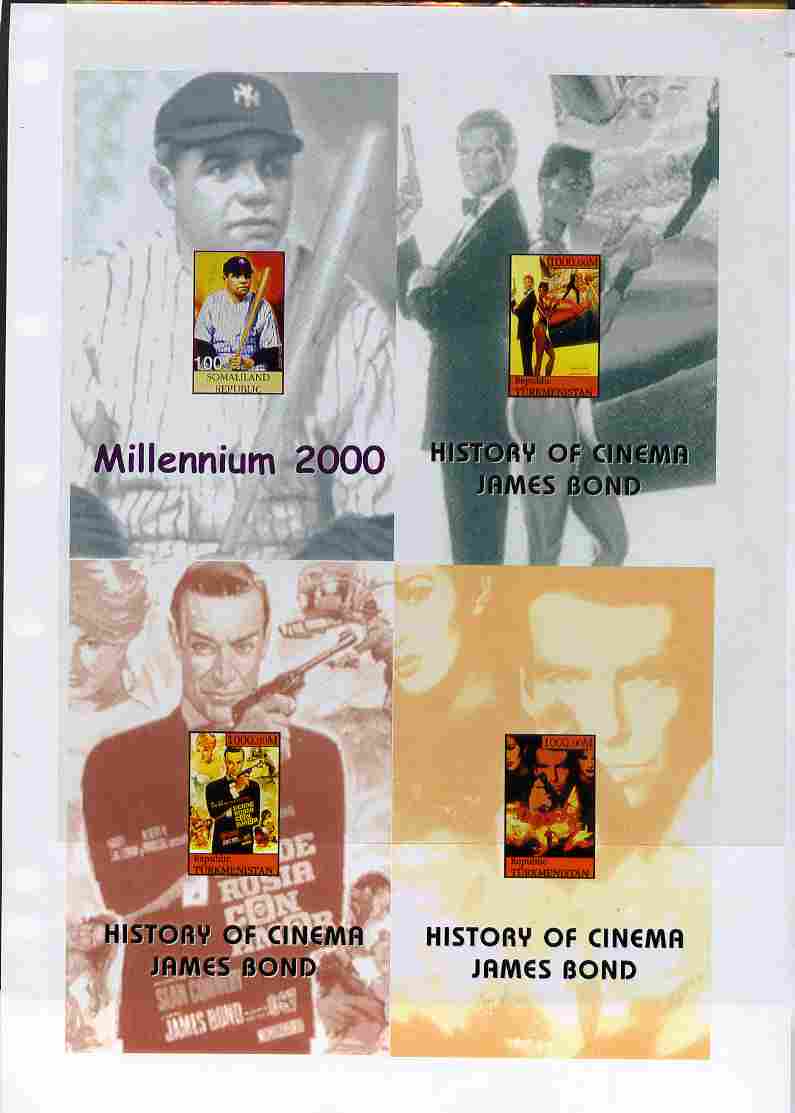 Turkmenistan 1999 History of the Cinema uncut imperforate proof sheet containing three James Bond s/sheets plus Somaliland Babe Ruth s/sheet, unmounted mint and scarce with less than 5 such sheets produced. Note this item is privately produced and is offered purely on its thematic appeal, it has no postal validity, stamps on , stamps on  stamps on entertainments, stamps on  stamps on films, stamps on  stamps on cinema, stamps on  stamps on movies, stamps on  stamps on  spy , stamps on  stamps on sport, stamps on  stamps on baseball