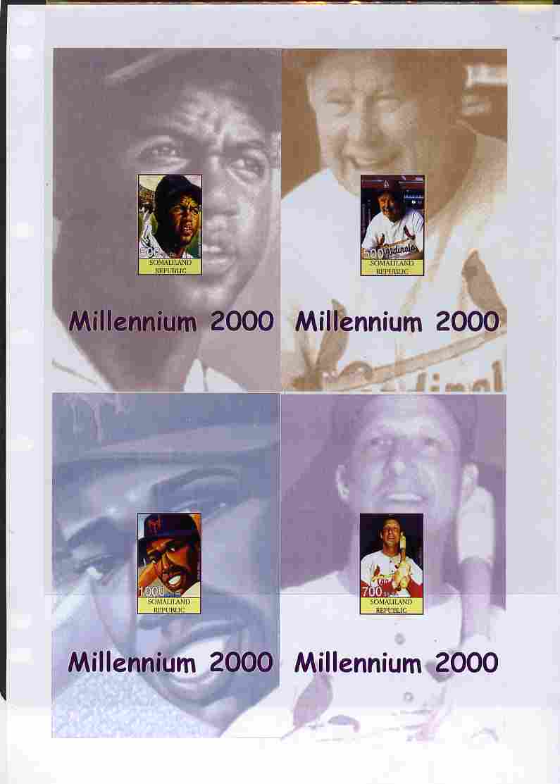 Somaliland 2000 Millennium uncut imperforate proof sheet containing four Baseball s/sheets (Jackie Robinson, Red Schoendienst, Willie Mays & Stan Musial) unmounted mint and scarce with less than 5 such sheets produced, stamps on , stamps on  stamps on personalities, stamps on  stamps on millennium, stamps on  stamps on sport, stamps on  stamps on baseball