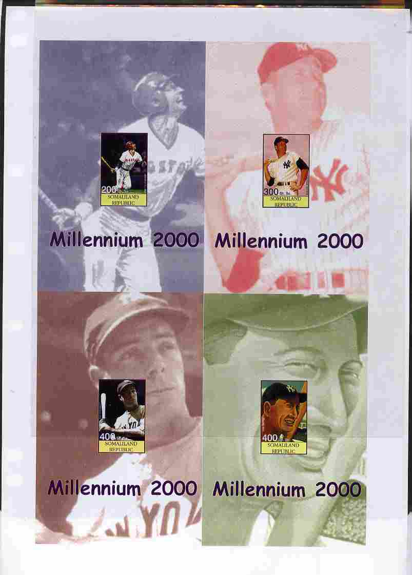 Somaliland 2000 Millennium uncut imperforate proof sheet containing four Baseball s/sheets (Carl Yastrzewski, Joe Dimaggio & Lou Gehrig) unmounted mint and scarce with le..., stamps on personalities, stamps on millennium, stamps on sport, stamps on baseball