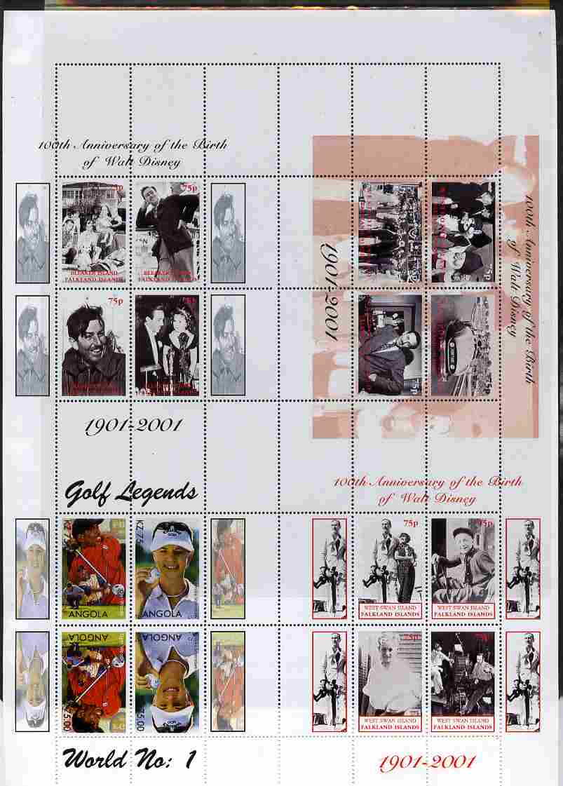 Falkland Islands 2001 Birth Centenary of Walt Disney uncut perforated proof sheet containing sheetlets of 4 from Westpoint, Bleaker Island & West Swan Island plusAngola Golf sheetlet of 4, unmounted mint and scarce with less than 5 such sheets produced. Note this item is privately produced and is offered purely on its thematic appeal, it has no postal validity, stamps on , stamps on  stamps on personalities, stamps on  stamps on films, stamps on  stamps on entertainments, stamps on  stamps on disney, stamps on  stamps on movies, stamps on  stamps on cinema, stamps on  stamps on golf, stamps on  stamps on sport